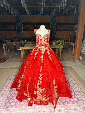 LUXURY ROYAL RED & GOLD QUINCEAÑERA BALL GOWN
